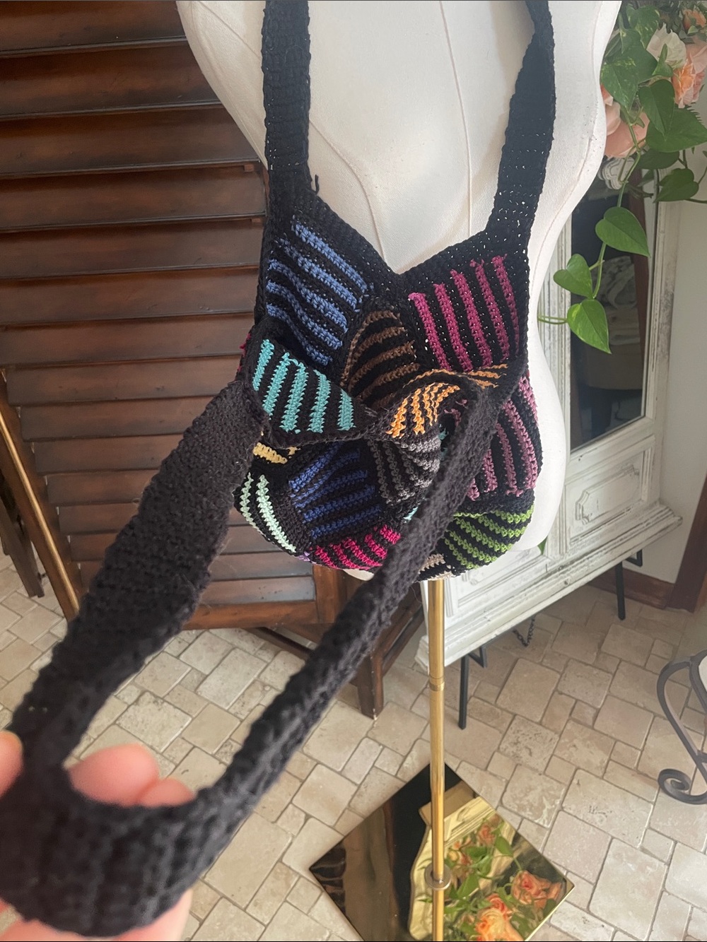 Black Crochet Patchwork Shoulder Bag Multicolor Boho Festival Artsy Art - Picture 3 of 11